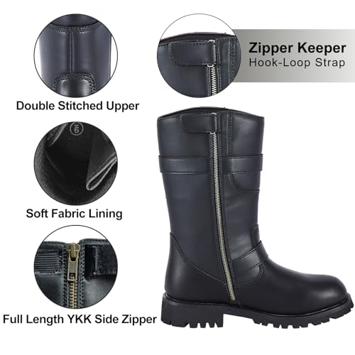 Dream Apparel Mens 11in PU Leather Motorcycle Engineer Boots for Riding, Waterproof Biker Boots with Full Length Side Zipper, Black Faux Leather Mid Calf Footwear3
