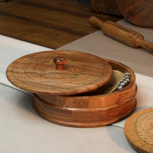 Image of Sanjeev Kapoor By OGGN Acacia Wood 9 x 9 x 2.7 Inch, Casserole for Roti Hot Case | Wooden Roti Box | Hot Case Casserole | Big Chapati Storage Box for Home & Kitchen - Premium Wood Elegant Design