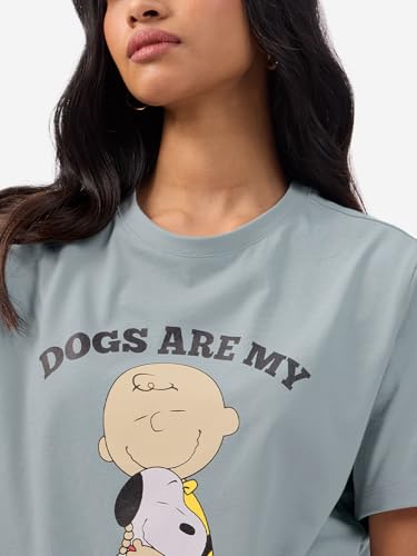 Image of The Souled Store Official Peanuts: Only Dogs Women and Girls Short Sleeves Round Neck Blue Graphic Printed Cotton Relaxed Fit T-Shirts