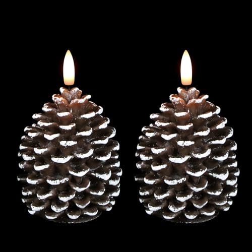Image of Wondise Flameless Candles with Timer, Battery Operated Flickering 3D Wick Real Wax Pine Cone Candles for Christmas Indoor Decoration, Set of 2(D3.5 x H6 Inch)