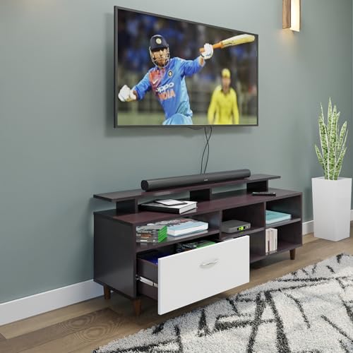 Image of VIKI Modern TV Unit for Living Room | Engineered Wood TV Cabinet with 1 Drawer Storage, 2 Open Shelves & Extension, Entertainment Unit, 140W x 48H x 40D cm | DIY | 1 Year Warranty (Wenge & White)