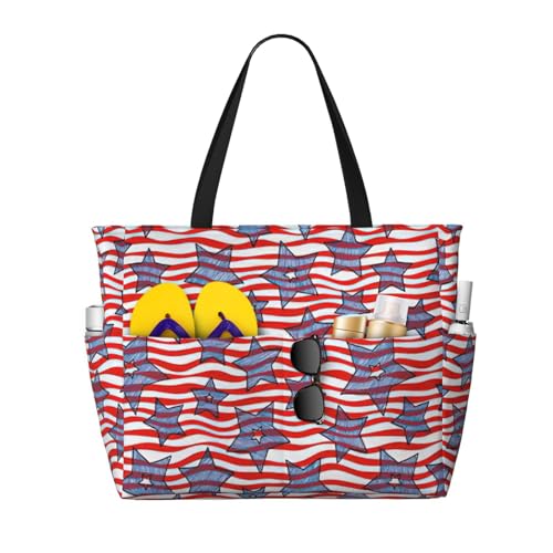 Fashion Stars And Wavy Stripes Print Beach Bag Waterproof Beach Totes Bags For Women, Lightweight Foldable Pool Bag With Zipper Wet Compartment