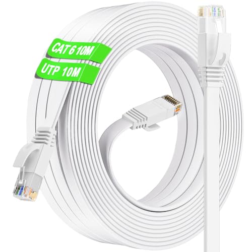 Cavo Ethernet 10 metri, Cat 6 Cavo LAN 10m Alta Velocità Cavo di Rete 1000Mbps 250MHz, Piatto Bianco RJ45 Cavo Internet Esterno Interno Lungo Gigabit Cavo Patch per Router Switch Modem PC (10 Clips)