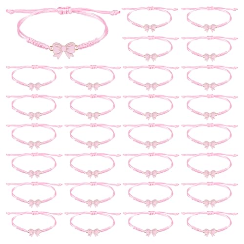 DICOSMETIC 30 pulseras de lazo rosa al por mayor, cordón de nailon ajustable, 1,5-9 cm de diámetro interior, para animadoras, trenza de amistad, regalo de fiesta, juego de apilamiento hecho a mano