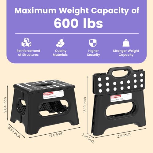 image for HBTower Folding Step Stool 9 Inch - Holds 600 lb, Non-Slip Surface & C