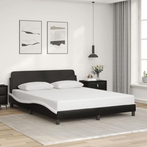 QZZCED Lit avec tête de lit en cuir synthétique, structure design latéral ondulé avec lattes en bois contreplaqué et pieds robustes pour stabilité et...