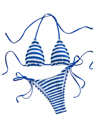 GORGLITTER Women's Striped Bikini Set Triangle Halter High Cut String Thong Micro Swimsuit