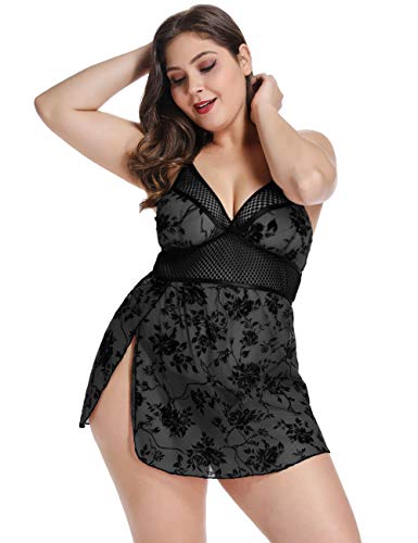 XAKALAKA Women's Plus Size Lingerie Babydoll Front Slit Fishnet Mesh Chemise Sleepwear Black XXXL