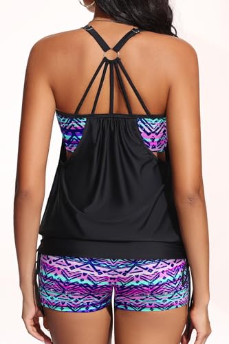 Image of Holipick Blouson Tankini Swimsuits for Women - Two Piece Tummy Control Bathing Suit with Shorts Modest Swimwear