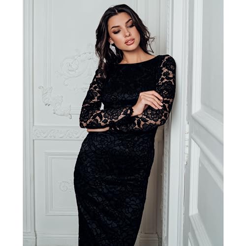 Image of Xscape Womens Long Sleeve Raised Floral Lace Midi Length Dress (Reg and Petite)