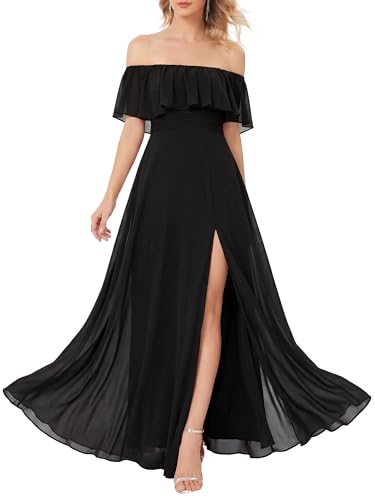 Ever-Pretty Women's Elegant Off The Shoulder Side Split Flowy Chiffon Maxi Bridesmaid Dress Formal Wedding Guest Dresses Black US6