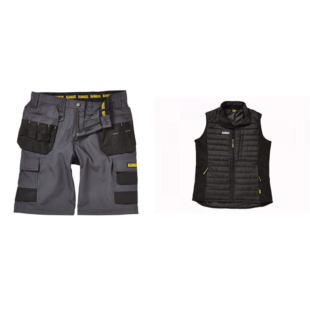 DEWALTDEWALT Cheverley Lightweight Grey Polycotton Shorts Waist 32in & Men's Force Slim Fit Gilet, Black, M