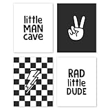 Hxlac Black and White Checkered Boy Room Wall Art Prints Set of 4 Unframed - Preppy Checkerboard Wall Decor, Teen Boys Toddler Nursery Wall Decor, Little Man Cave Peace Sign Wall Decor(8x10 Inches)