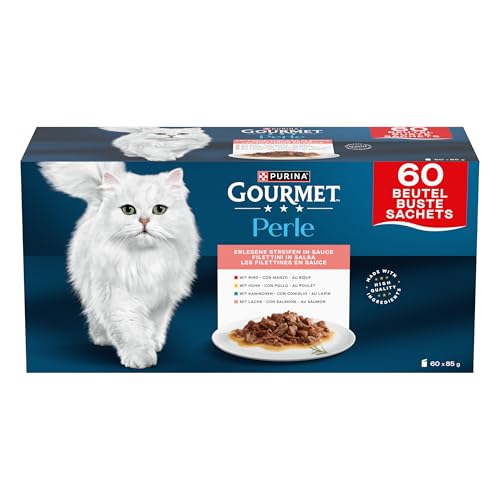 Purina Gourmet Perle Delicias en Salsa, Comida Húmeda para Gato con Pollo y Buey, 60 sobres de 85g