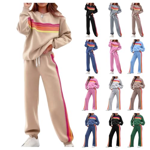 Women 2 Piece Lounge Set Rainbow Striped Sweatshirt High Waist Sweatpants Color Blocked Suit Matching Sweatsuit4