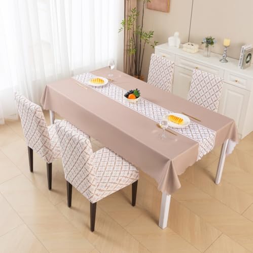 Image of HOMETHREADS Stretchable Elastic Jacquard Chair Seat Cover and Waterproof Dining Table Cover | Removable,Washable & Durable Chair Protector |for Dining Room (F Beige, 4Chairs+1Table Cover (150X180))
