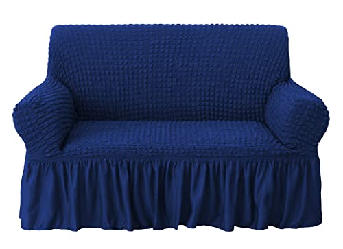 Image of House of Quirk Turkish Bubble Frill 280 GSM Sofa Slipcovers, Durable Washable Universal Double Seater High Elastic Furniture Protector (Navy, 145-185cm)