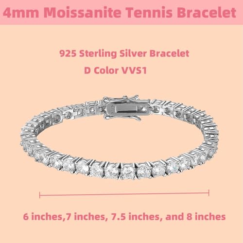 4mm Moissanite Tennis Bracelet, Moissanite Round Tennis Bracelet 18k White Gold Plated 925 Sterling Silver Bracelet Delicate Moissanite Bracelet Round Cut Moissanite Bracelet for Women Men Jewelry Gift2