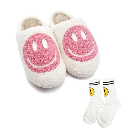 DABAUR Smile Face Slippers for Women and Men,cute Soft Plush Smile Slippers Retro Preppy Fuzzy Slip-On House Shoes Funny Happy Fluffy Cloud sliders with Memory Foam Slippers Cozy Indoor Outdoor