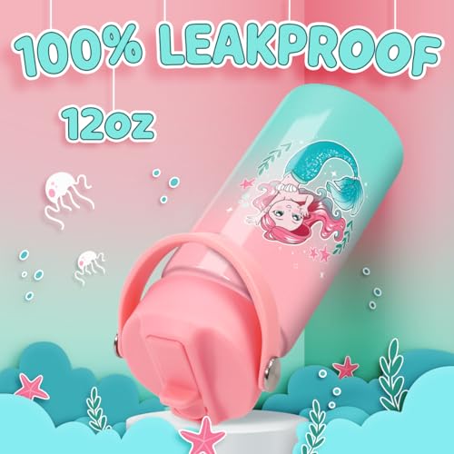 Image of SANDJEST Mermaid Water Bottle for Girls - Kids Water Bottle with Straw Lid - 12 Oz Insulated Stainless Steel Water Bottles - Travel Cup for School Sports