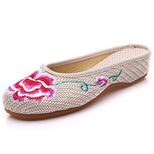 Qhome Womens Old Beijing Linen Chinese Style Oxfords Sole Embroidered Peony Household Canvas Slippers