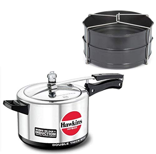 Image of Hawkins Cooker Ih50-2250, Two Dish Set Ads5-650 Induction Base Aluminium Inner Lid Pressure Cooker With Two Dish Set /Separator, 5 Litres, Silver, 5 Liter