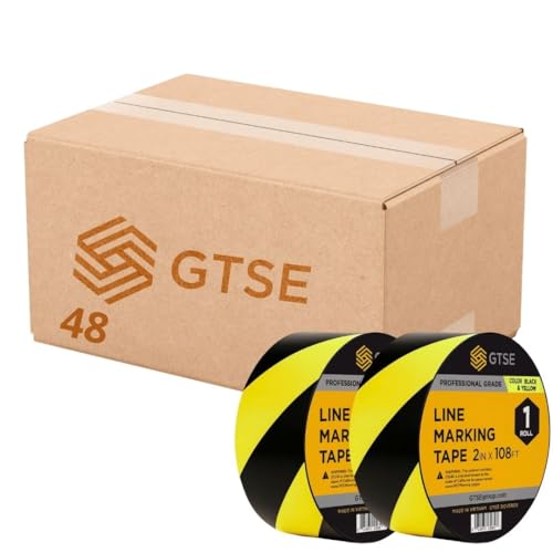 GTSE 2 inch x 108 ft Black/Yellow PVC Vinyl Floor Tape, 48 Rolls, Safety Marking Tape, 6 mil Thick, Suitable for Dance Floors, Gyms, Warehouses, Sports Facilities