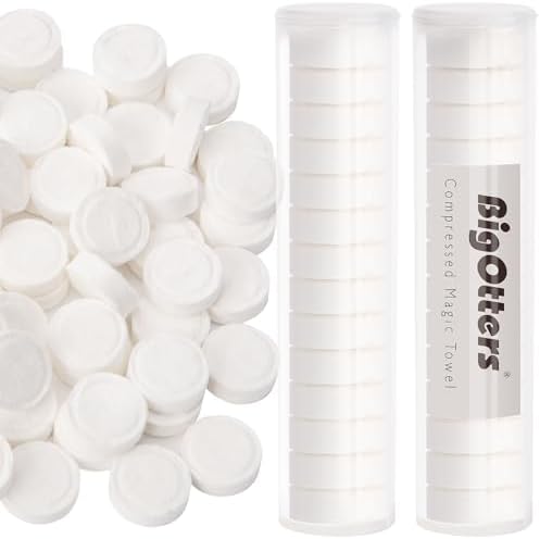 BigOtters Compressed Towels, 100PCS Disposable Face Towels for Travel Expandable Wipes Tablets with 2PCS Tube Containers for Survival Gear and Supplies Outdoors Camping Hiking Hotel