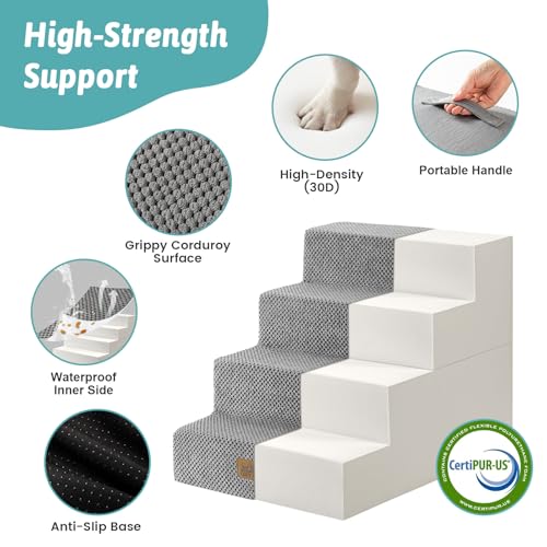 Image of COZY KISS Dog Stairs for Small Dogs, 4 Step Pet Stairs for Beds & Couches | 17.7 inch H Extra Wide Non-Slip Dog Steps with Removable Tiers & Support Board for Puppies, Older Cats & Dogs, Grey