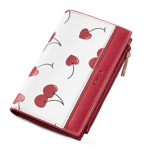 Image of CLUCI Small Wallet for Women PU Leather RFID Wallet Blocking Designer Bifold Ladies Wallet Card Holder Cherry Print