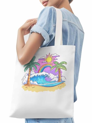 Canvas Tote Bag, Cartoon Ocean Rainbow Coconut Tree patterned Canvas Tote Handbags for Women Shoulder Bag,3