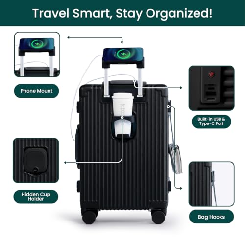 Nobl Travel Carry On Luggage, Noble Zipperless Aluminum Frame, 22.5x15x9.5, 360 Degree Spinner Wheels, TSA Locks, USB Charging Port, Cup & Phone Holder - Black3