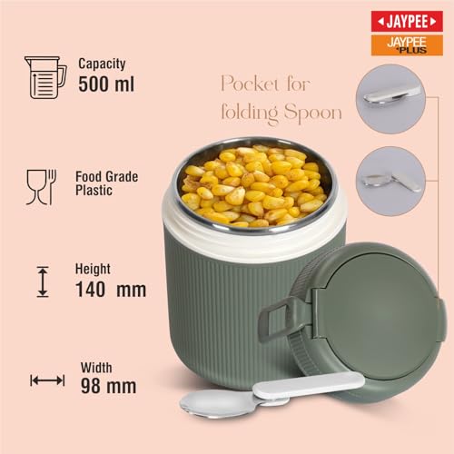 Image of JAYPEE SoloMeal PUF Insulated Inner Stainless Steel Food Jar with Foldable Spoon|Hot /Cold Meal Jar for Kids|Office Women |Men|Food Storage Traveling Box Light Weight |Scratch Resistant|500 ml, Green