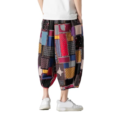GURUNVANI Mens Patchwork Wide Leg Pants Elastic Waist Harlem Capri Pants Loose Beach Trouser2