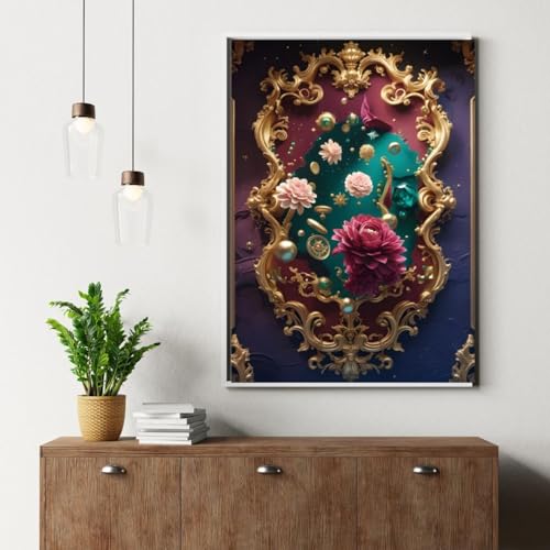 Rococo jewel-tone wall art with baroque ornament and vivid floral
