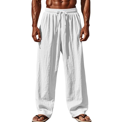 TRFIC Mens Linen Pants Yoga Beach Loose Fit Casual Summer Elastic Waist Drawstring Baggy Trousers with Pockets White