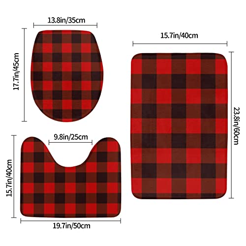 DEPILA Badezimmer 3-teiliges Badezimmerteppich-Set, kariert, rot und schwarz, 3-teiliges Badezimmerteppich-Set, Badematte + Kontur + Toilettendeckelbezug, rutschfeste Unterlage Sets – Bild 3