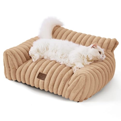BEDSURE Katzenbett groß orthopädisches Katzensofa - 61x46x25cm Hundesofa kleine Hunde waschbar Katzencouch, rutschfeste Katzenbett flauschig, Kamel
