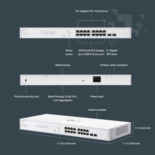 Image of TP-Link Festa FS318GP, 18 Port Gigabit Smart Managed PoE Switch | 16 PoE+ Port 150W, 2 x SFP Slots Self-Organizing Network Free Cloud Fanless Static Routing, Vlan, Not work w /Omada