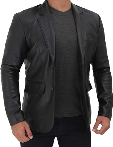 Image of Blingsoul Mens Leather Blazer - Casual Leather Sport Coat with Notch Lapel, Real Lambskin Leather Jacket for Men