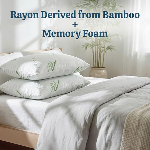 Image of OMEO 2 Pack Standard Size Rayon Derived from Bamboo Pillow for Sleeping Shredded Memory Foam Bed Pillows for Side, Back and Stomach Sleepers, Soft, Cooling, Adjustable and Washable Cover 20 inch x 26 inch