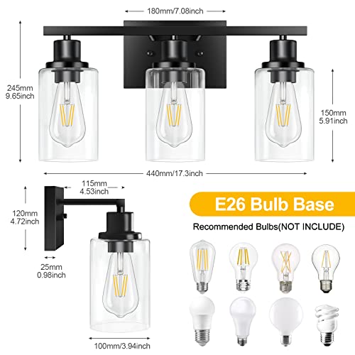 Image of 3-Light Vanity Light, Matte Black Bathroom Lighting Fixtures Over Mirror, Modern Metal Wall Lights for Hallway Kitchen Bedroom Living Room