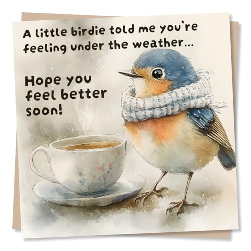 Adorable Get Well Soon Card for Loved One - Robin Scarf Tea - A Little Birdie Told Me Youre Under The Weather - for Bestie Best Friend Relative Colleague