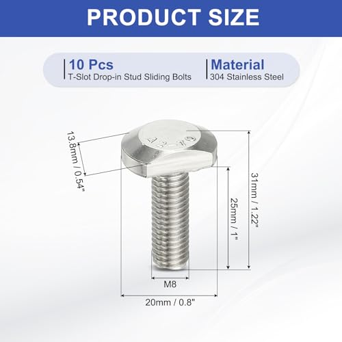 Image of PATIKIL M8 x 25 mm T Slot Bolts, 10 Pcs 304 Stainless Steel Drop-in Bolt T Shape Stud Sliding Screw Metric Thread Hammer Head Bolt for T Track, Silver