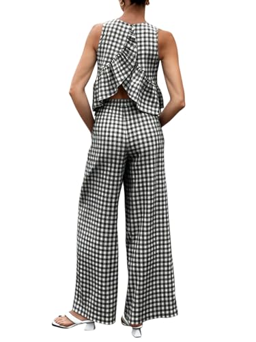 SOLY HUX Women's 2 Piece Outfits Plaid Gingham Open Back Ruffle Tops and Pants Summer Vacation Going Out Sets Black and White Medium