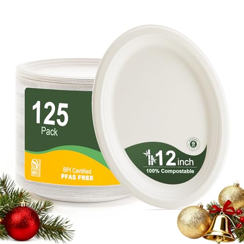 100% Compostable Oval Paper Plates 12 Inch, 125-Pack Large Heavy Duty Paper Plates Bulk,Biodegradable Bagasse,Eco-Friendly Disposable Dinner Plate for BBQ,Picnic,Party (BPI Certified,Microwaveable) 100% Compostable Oval Paper Plates 12 Inch, 125-Pack Large Heavy Duty Paper Plates Bulk,Biodegradable Bagasse,Eco-Friendly Disposable Dinner Plate for BBQ,Picnic,Party (BPI Certified,Microwaveable)