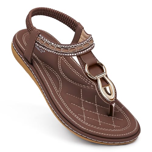 Image of SHIBEVER Flat Sandals for Women Dressy: Comfortable Thong Slip On Sandal | Elastic Ankle Strap Bohemian Women's Flats Shoes - Summer Comfort Flip Flops Open Toe Orthopedic for Walking Casual