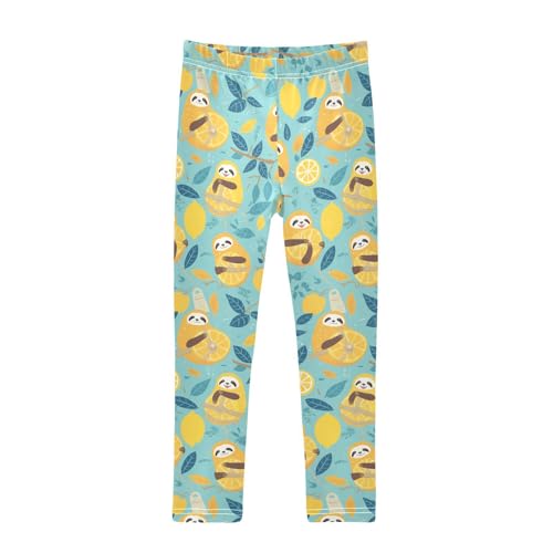 Cute Sloths on Yellow Lemons Kids Girl's Legging Casual High Waisted Dance Pants Sports