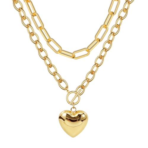 14K Gold Plated Paperclip Choker Necklace with Heart Charm - Trendy Layered Dainty Chain Jewelry for Women Gift for Her
