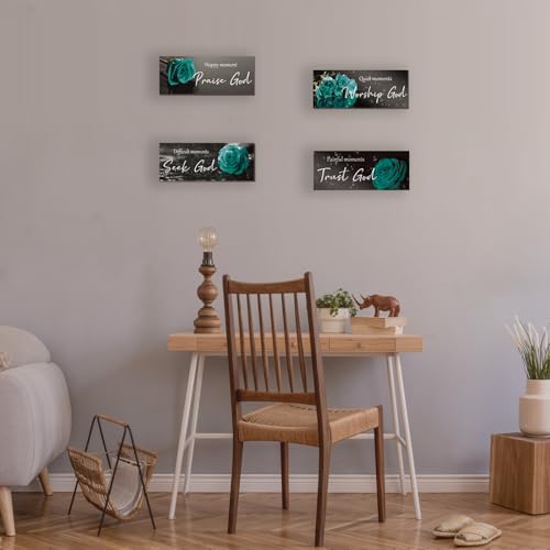 4 Pcs Teal Bathroom Decor Religious Wall Art Turquoise Bathroom Bible Verse Inspirational Teal Rose Wall Decor Wooden Christian Sign for Home Office Bedroom Living Room Kitchen(10x4)